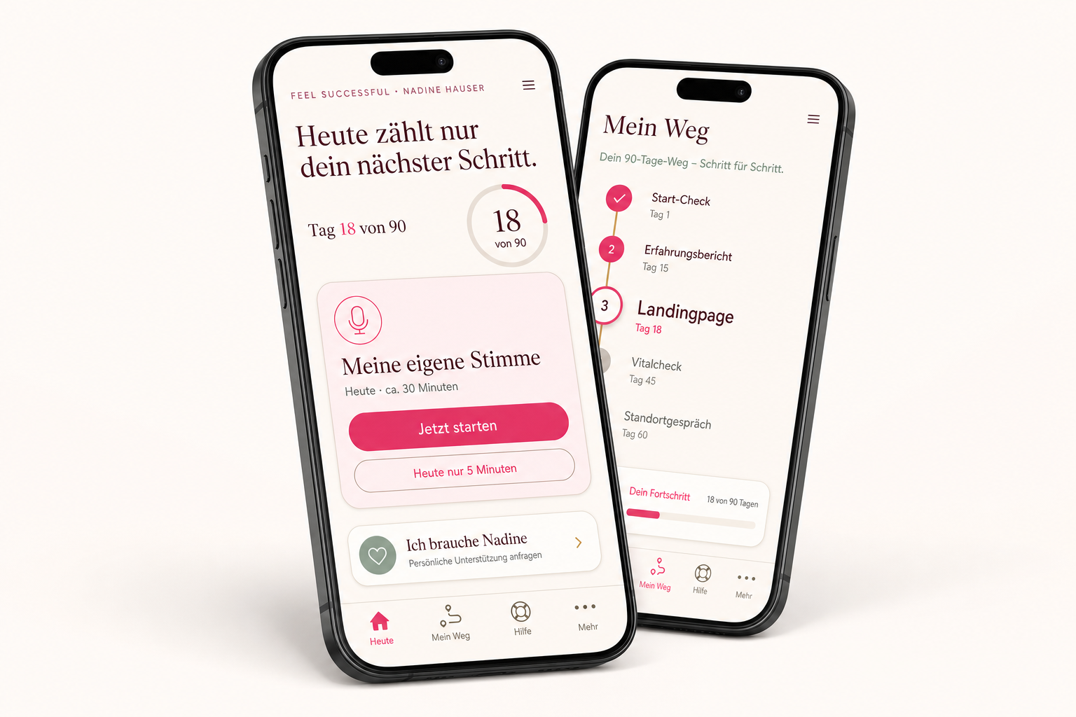 Zwei Ansichten der App Mein Start. Mein Weg. mit Tagesaufgabe und persönlichem 90-Tage-Fortschritt